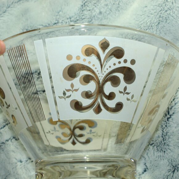 Vintage MCM Anchor Hocking 1960's MCM Gold Fleur Hanging Chip and Dip Bowl Set - Picture 2 of 12